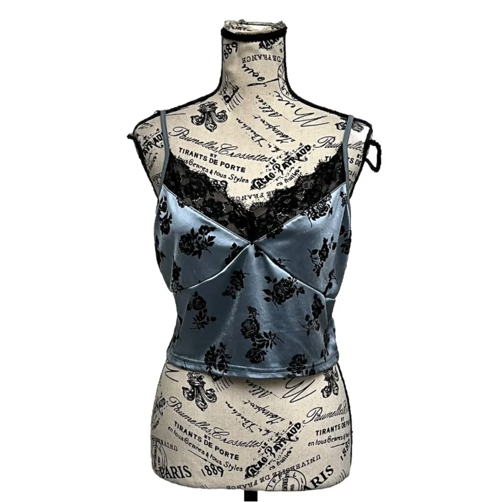 Cider Blue Lace Trim Cropped Camisole Top Velvet Floral Grunge Punk Moto XL - Picture 1 of 8